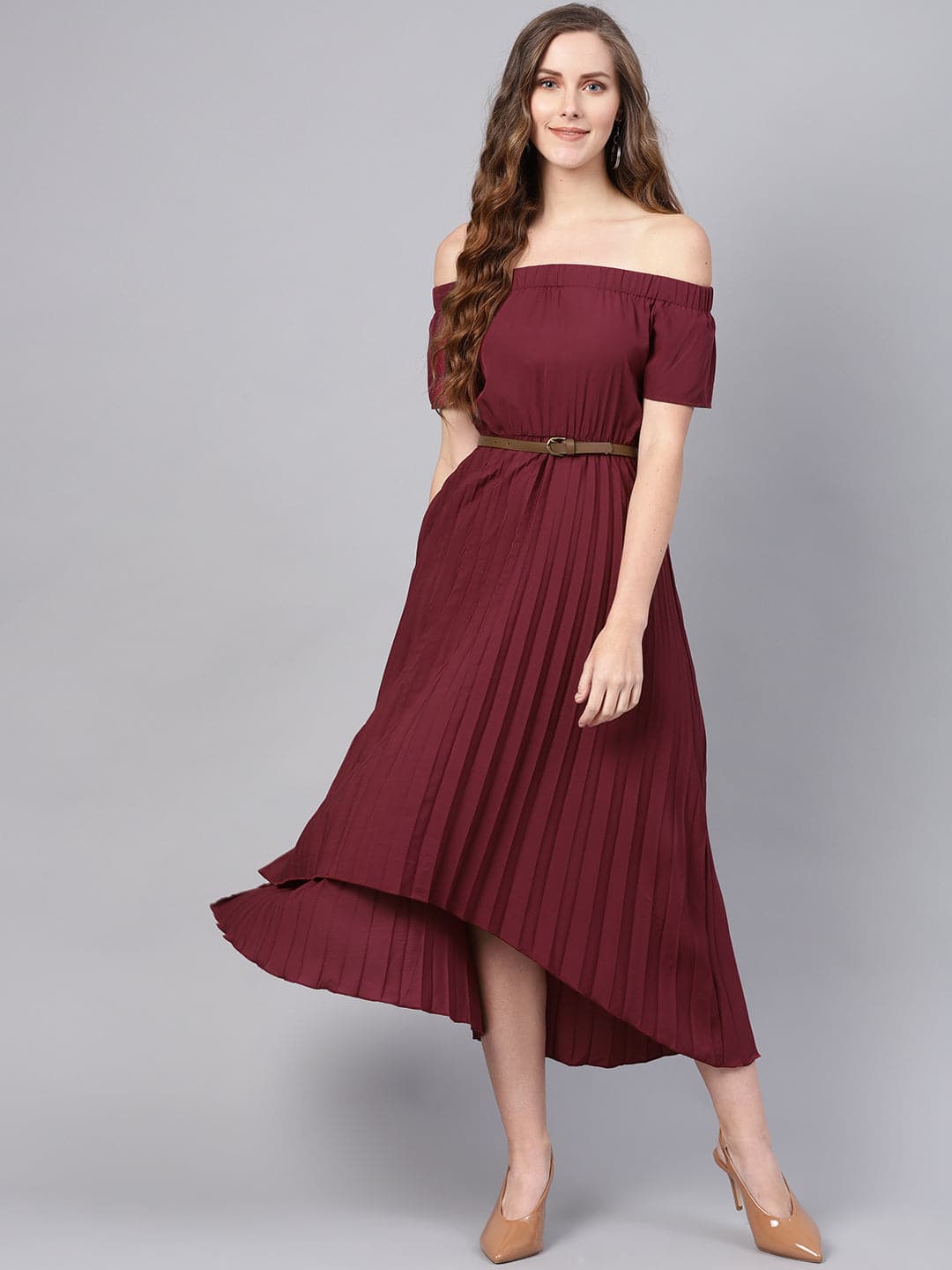 Burgundy Off Shoulder High Low Belted Pleated Dress-Dress-SASSAFRAS