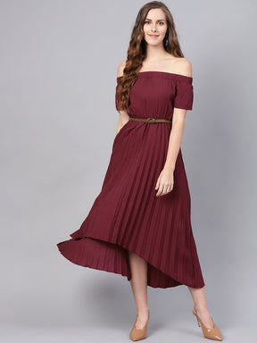 Burgundy Off Shoulder High Low Belted Pleated Dress-Dress-SASSAFRAS