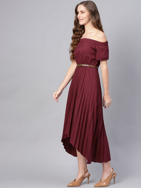 Burgundy Off Shoulder High Low Belted Pleated Dress