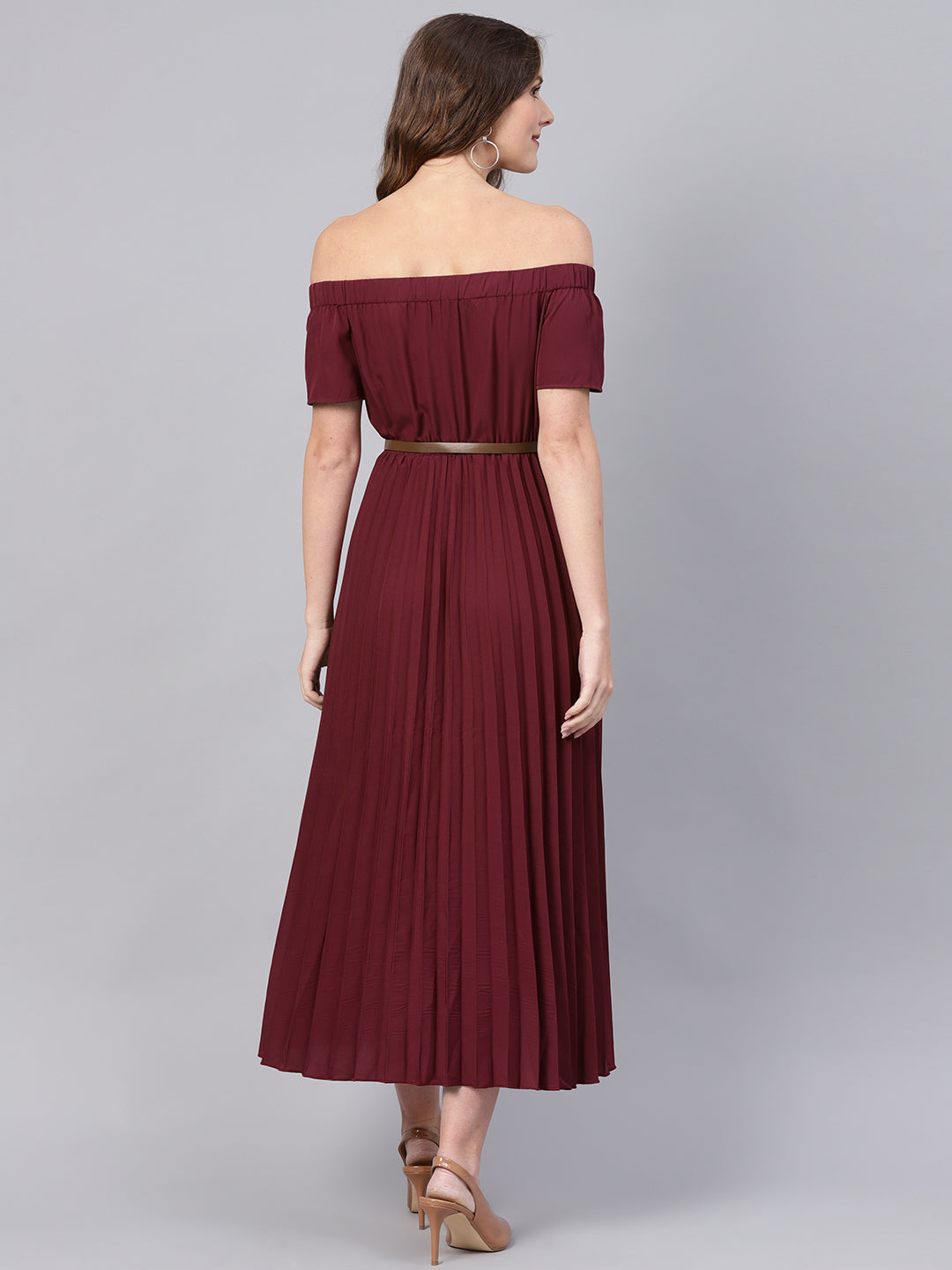 Burgundy Off Shoulder High Low Belted Pleated Dress