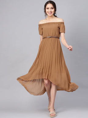 Brown Off Shoulder High Low Belted Pleated Dress-Dress-SASSAFRAS
