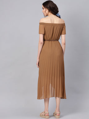 Brown Off Shoulder High Low Belted Pleated Dress