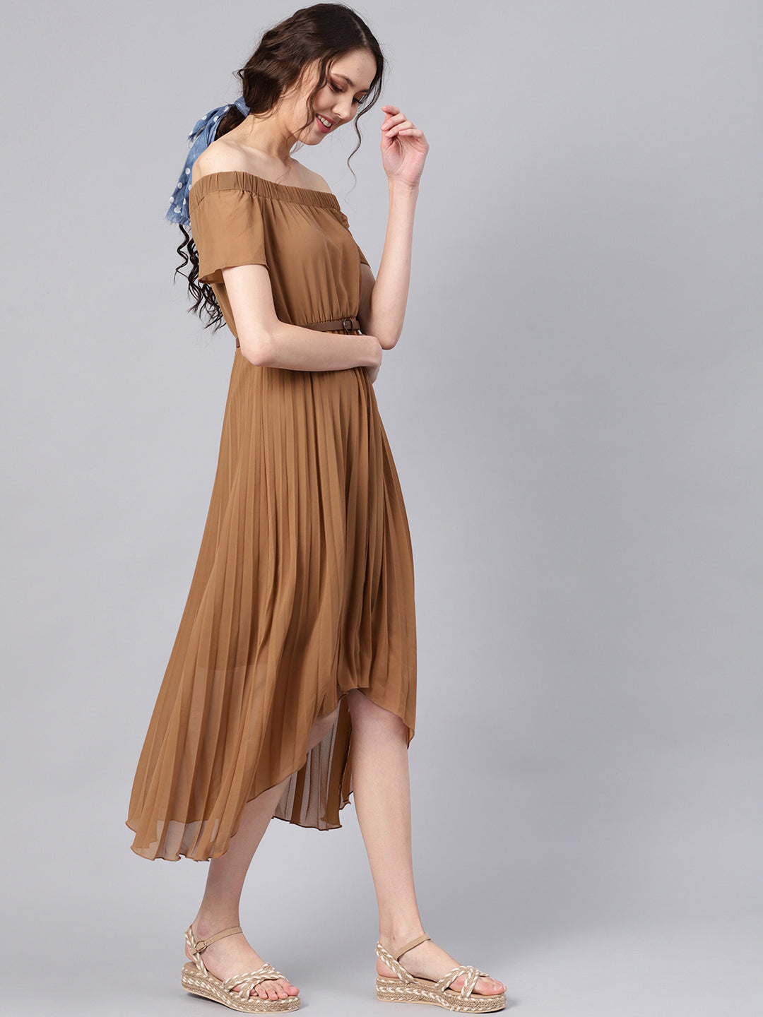 Brown Off Shoulder High Low Belted Pleated Dress