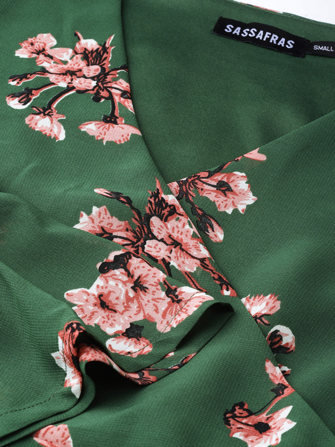 Green Floral Wrap Tie Dress