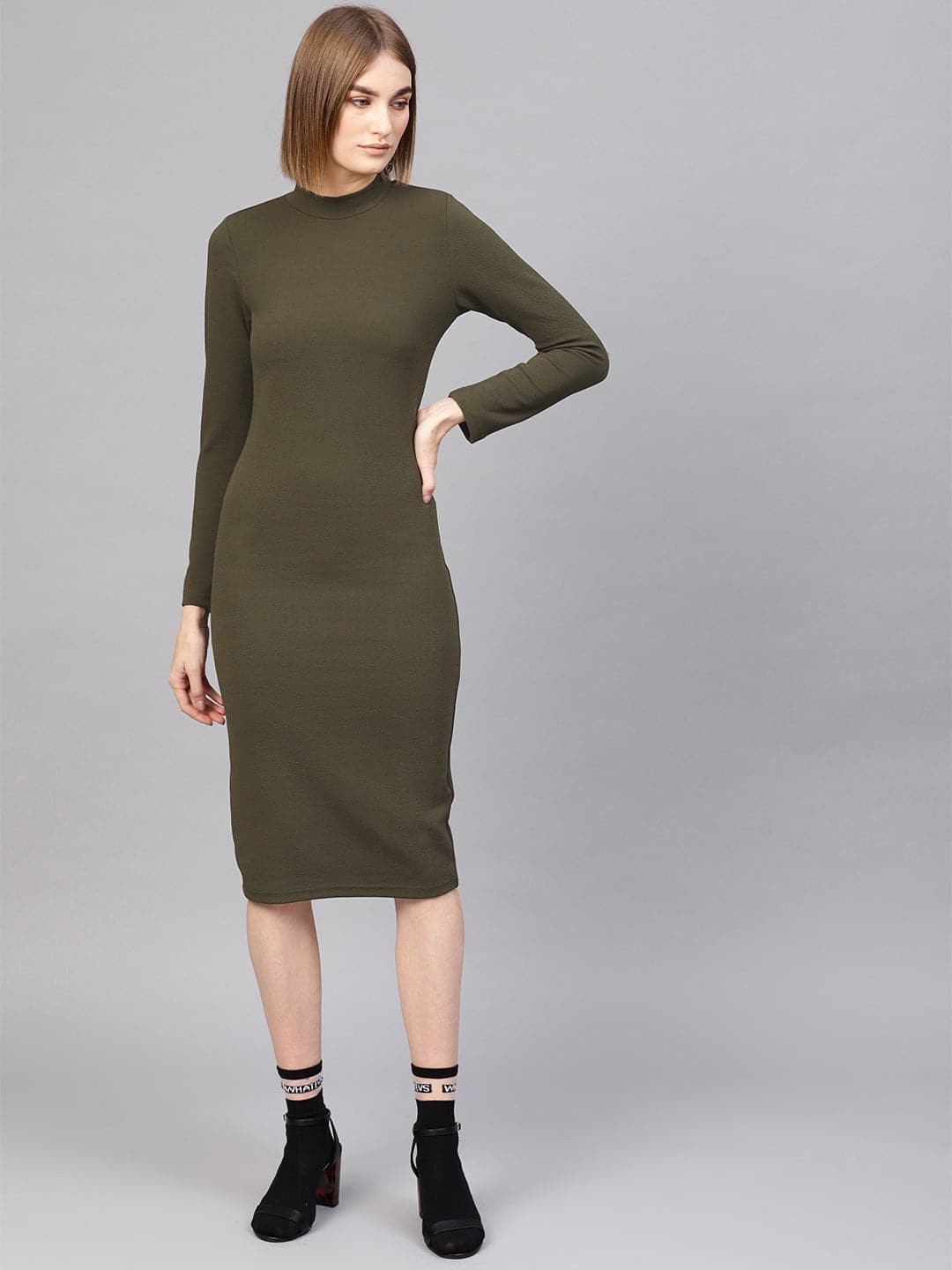 Olive High Neck Bodycon Midi Dress-Dress-SASSAFRAS