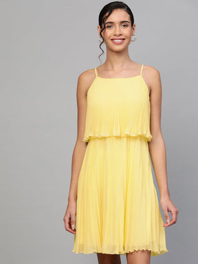 Lemon Pleated Short Strappy Skater Dress-Dress-SASSAFRAS