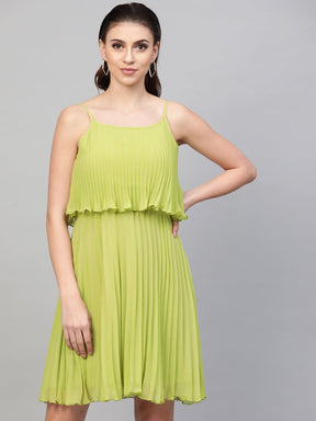 Mint Green Pleated Short Strappy Skater Dress-Dress-SASSAFRAS