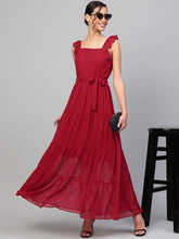 Red Strappy Frill Tiered Maxi-Dress-SASSAFRAS