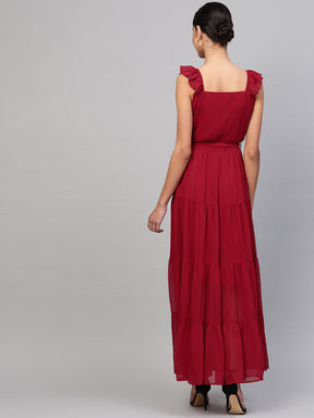 Red Strappy Frill Tiered Maxi