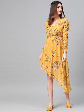 Mustard Floral Wrap Asymmetric Dress-Dress-SASSAFRAS