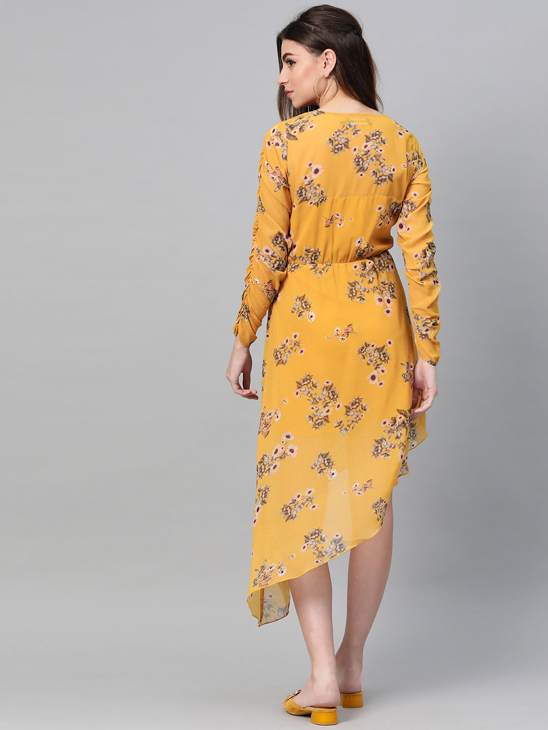 Mustard Floral Wrap Asymmetric Dress