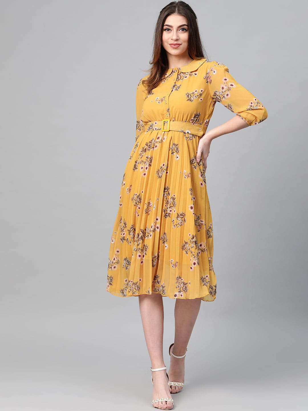 Mustard Floral Peterpan Collar Pleated Dress-Dress-SASSAFRAS
