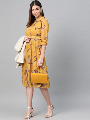 Mustard Floral Peterpan Collar Pleated Dress