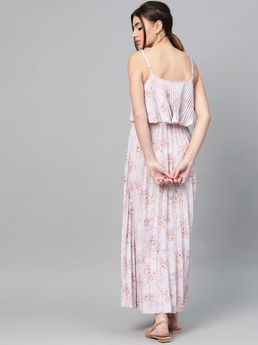 Lavender Floral Strappy Pleated Maxi Dress