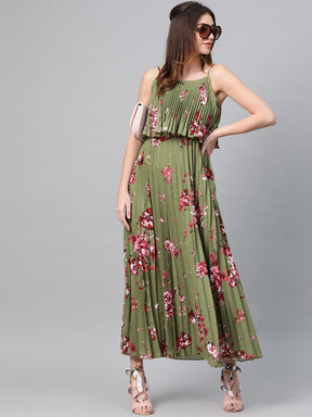 Olive Floral Strappy Pleated Maxi Dress-Dress-SASSAFRAS
