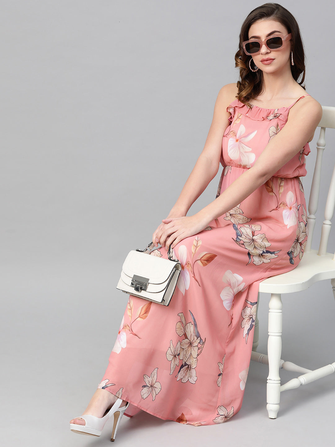 Rose Pink Floral Strappy Maxi Dress