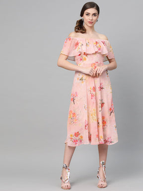 Peach Floral Off Shoulder Midi Dress-Dress-SASSAFRAS