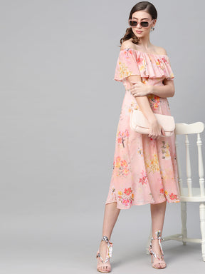 Peach Floral Off Shoulder Midi Dress