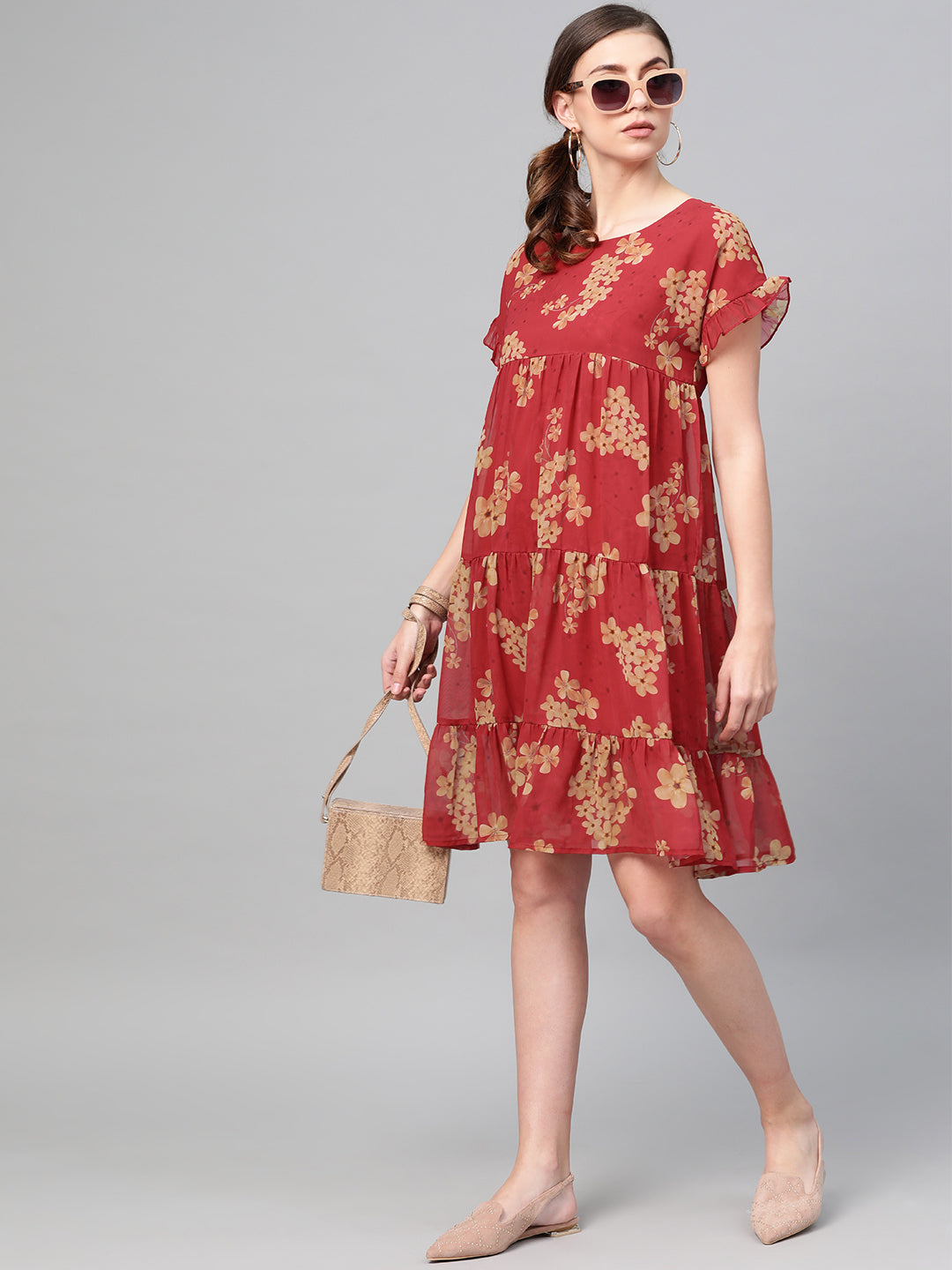 Red Floral Tiered Trapeze Dress