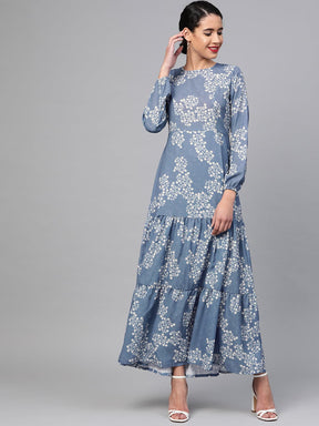 Dark Blue Floral Tiered Maxi-Dress-SASSAFRAS