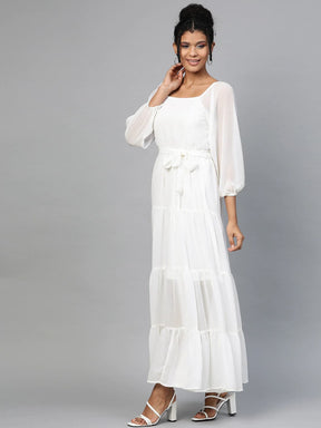 White Square Neck Tiered Maxi Dress-Dress-SASSAFRAS
