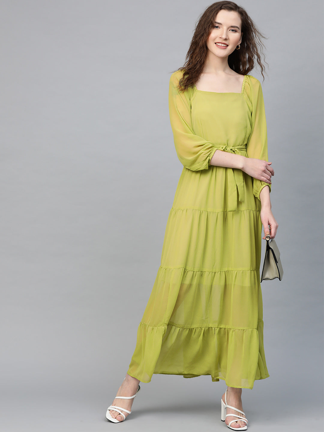 Green Square Neck Tiered Maxi Dress