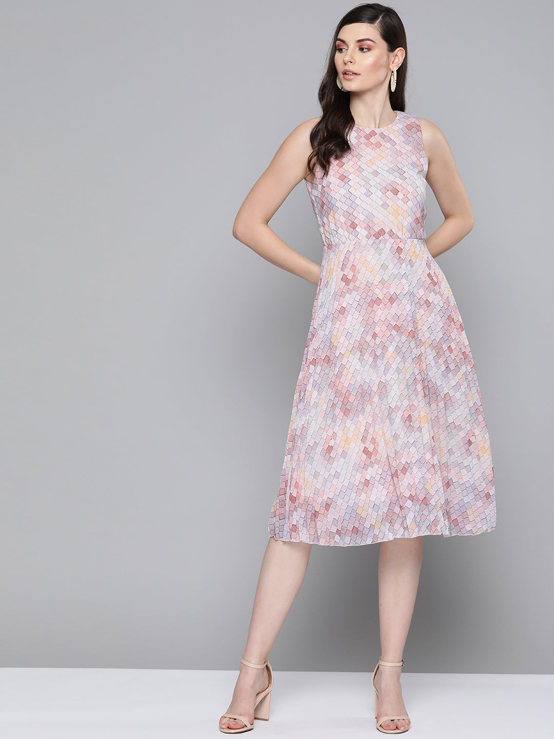 Peach Tile Print Pleated Midi Dress-Dress-SASSAFRAS