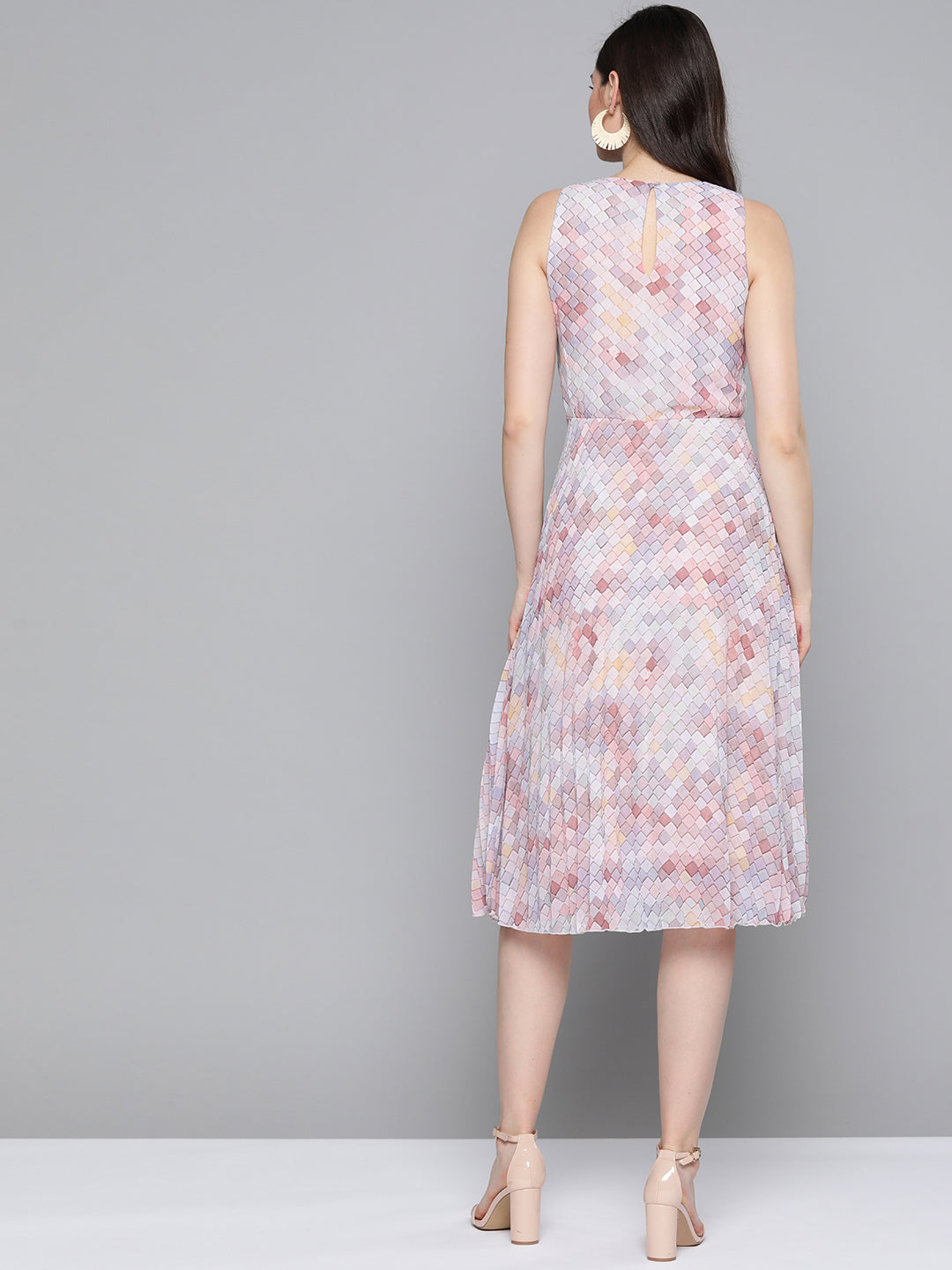 Peach Tile Print Pleated Midi Dress