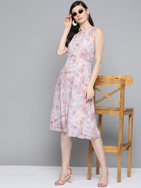 Peach Tile Print Pleated Midi Dress
