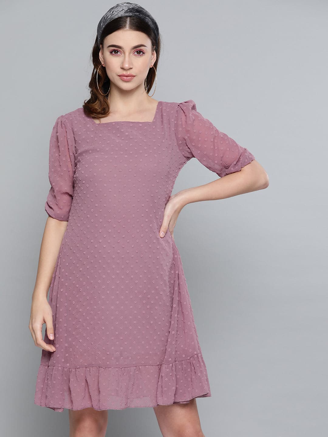 Purple Dobby Frill Hem Short Dress-Dress-SASSAFRAS