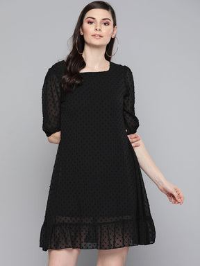 Black Dobby Frill Hem Short Dress-Dress-SASSAFRAS
