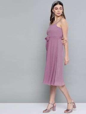 Purple Dobby Strappy Belted Midi Dress-Dress-SASSAFRAS