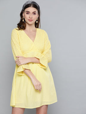 Lemon Yellow Schiffli Shift Dress-Dress-SASSAFRAS