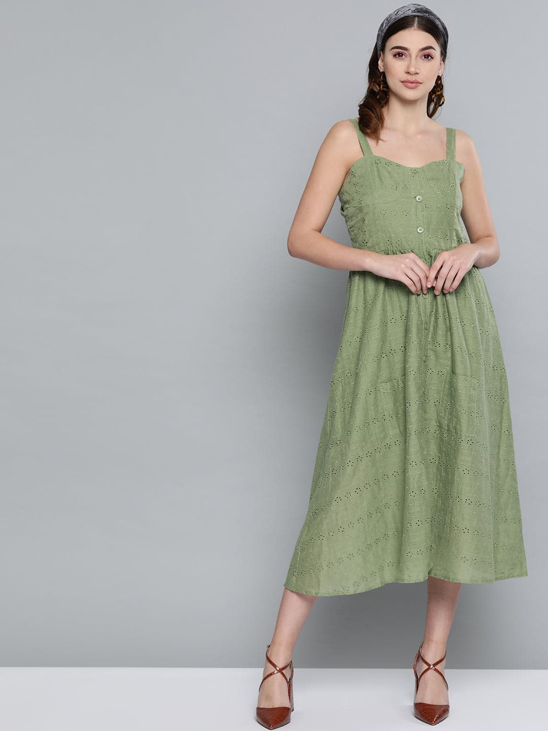 Olive Schiffli Front Button Strappy Dress-Dress-SASSAFRAS