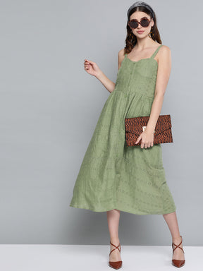 Olive Schiffli Front Button Strappy Dress