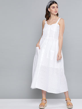 White Schiffli Front Button Strappy Dress