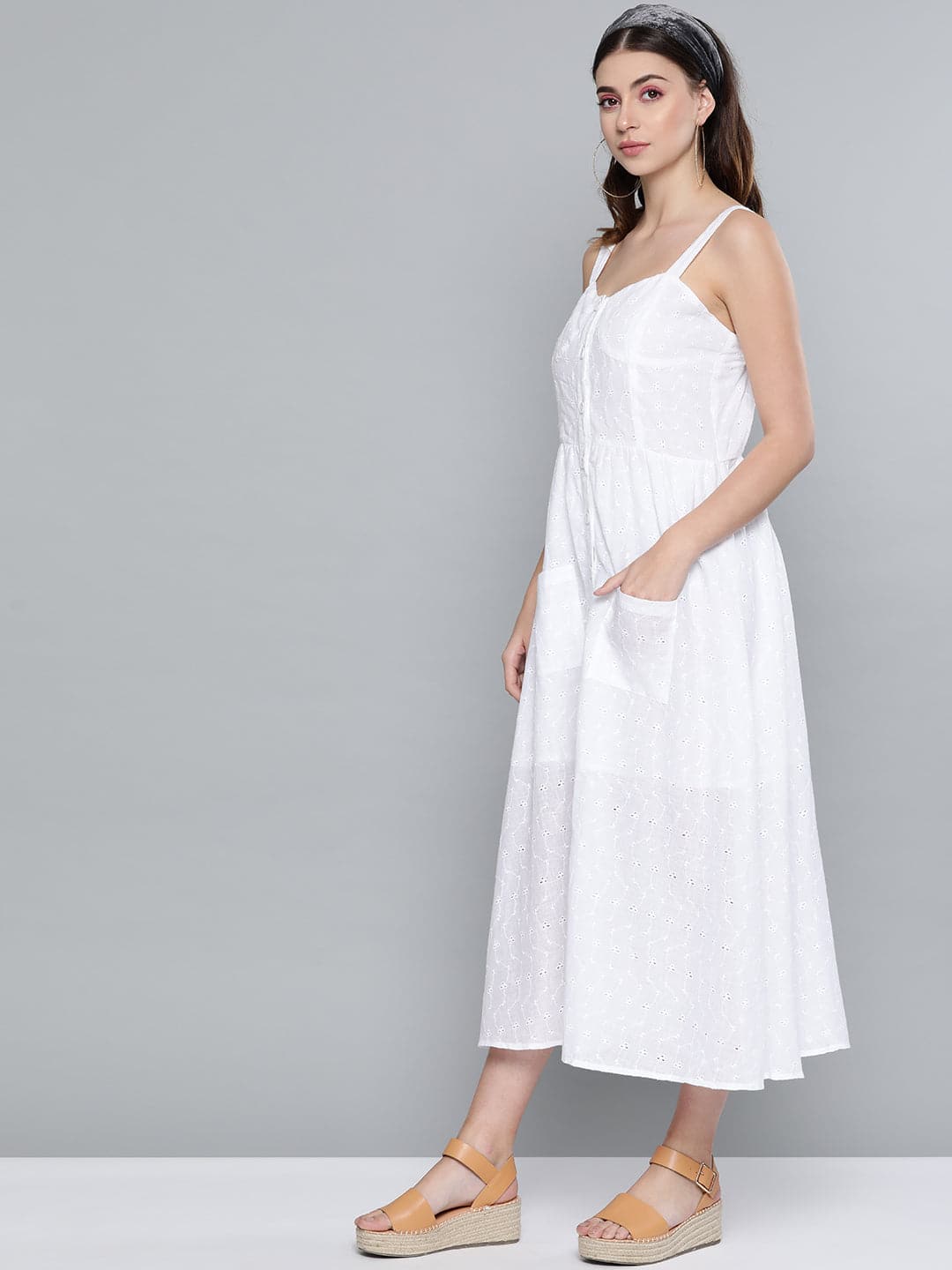 White Schiffli Front Button Strappy Dress-Dress-SASSAFRAS