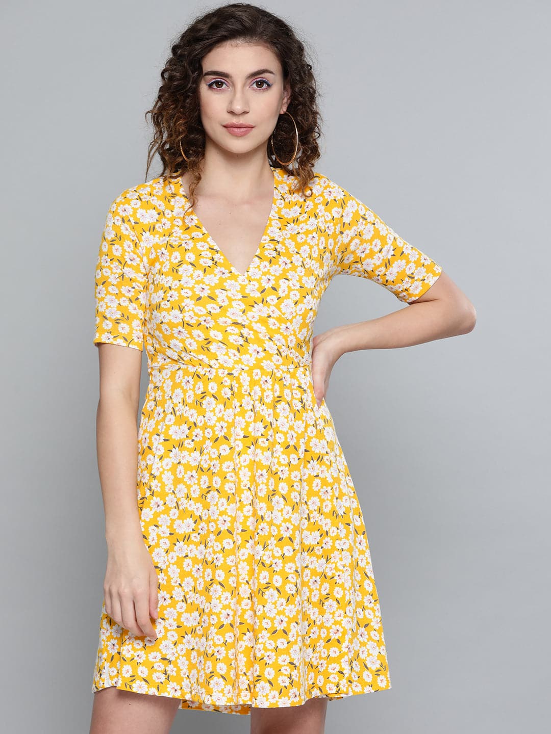 Yellow Ditsy Floral Wrap Skater Dress-Dress-SASSAFRAS