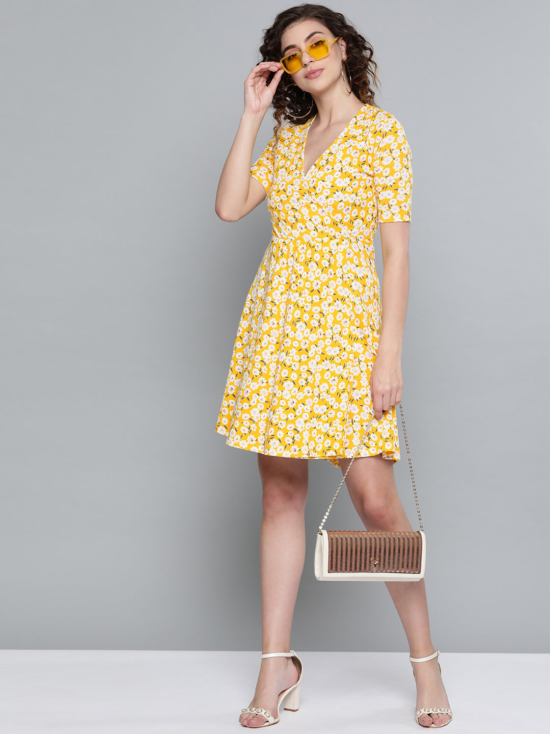 Yellow Ditsy Floral Wrap Skater Dress