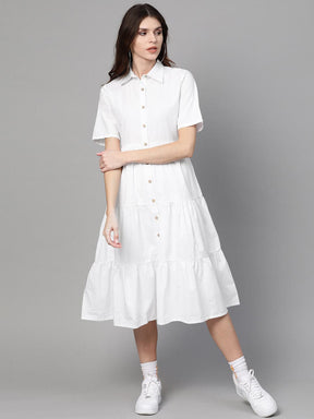 White Tiered Shirt Dress-Dress-SASSAFRAS