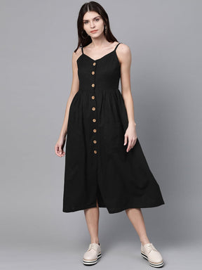 Black Button Strappy Midi-Dress-SASSAFRAS