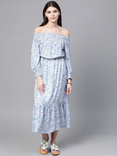 Blue Paisley Smocked Bardot Midi Dress-Dress-SASSAFRAS