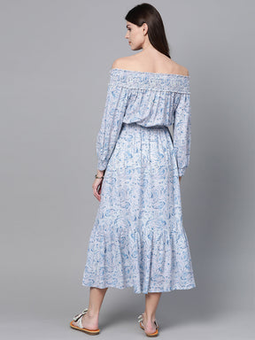 Blue Paisley Smocked Bardot Midi Dress