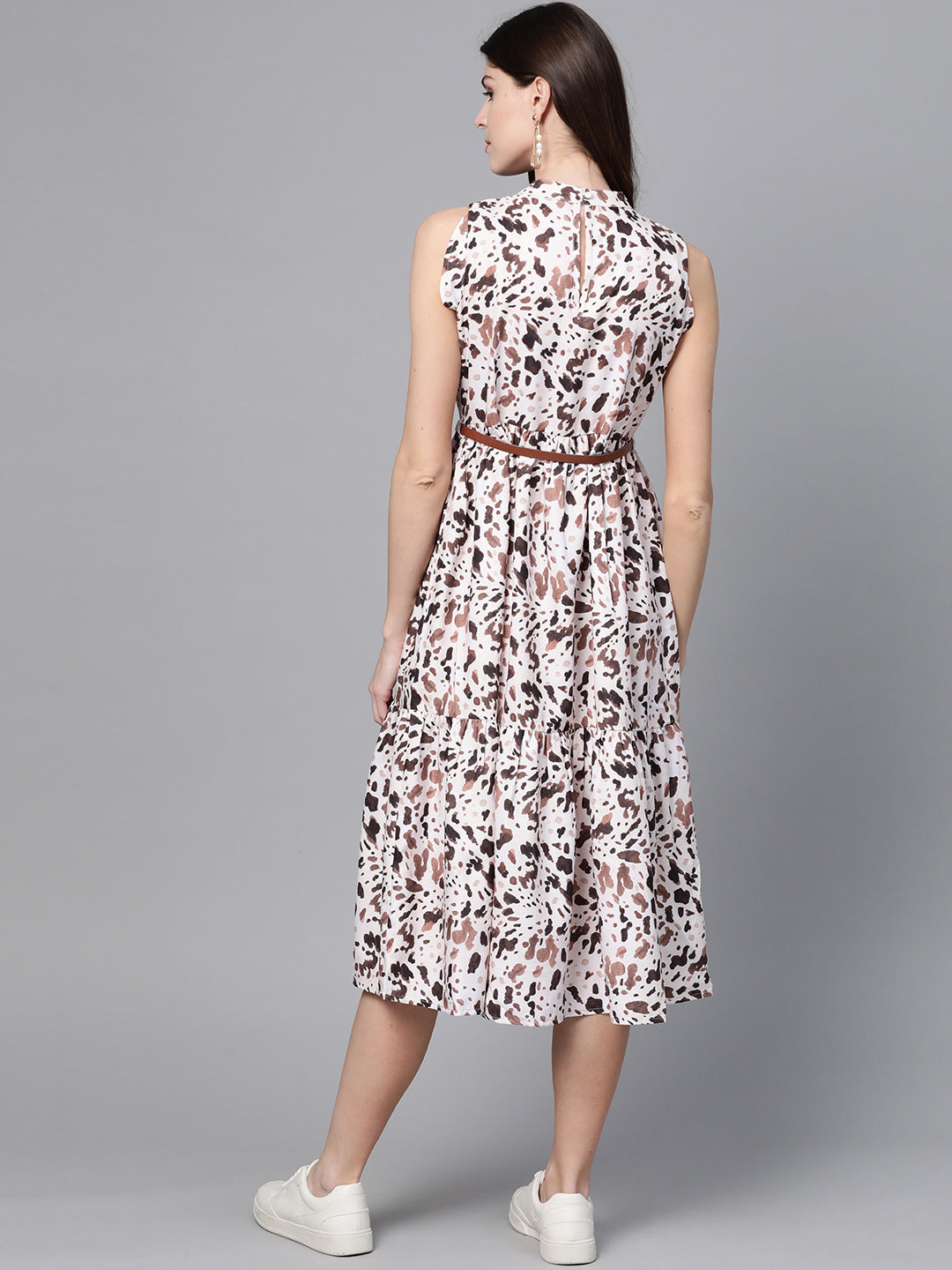 Off White Leopard Tiered Belted Midi Dress