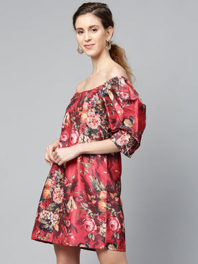 Red Floral Puff Sleeve Shift Dress