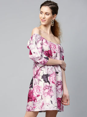 Pink Floral Puff Sleeve Shift Dress