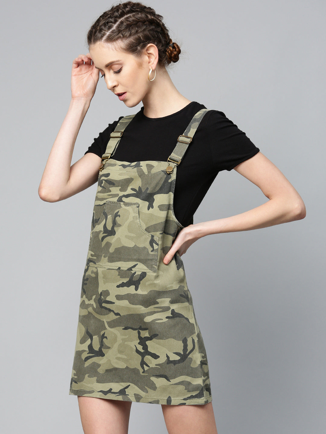 Green Camouflage Twill Pinafore Dress