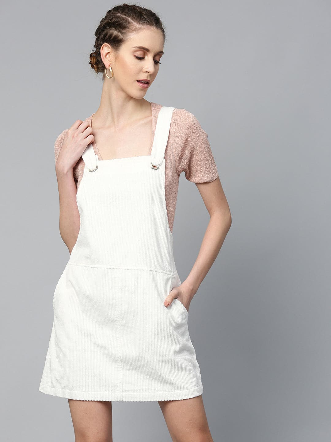 White Corduroy Pinafore Dress-Dress-SASSAFRAS