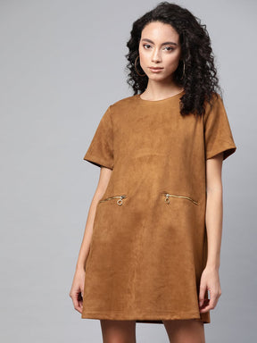 Brown Suede A-line Dress-Dress-SASSAFRAS