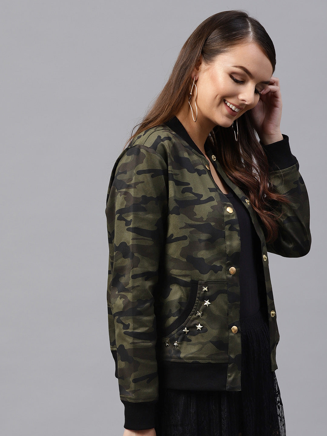 Camouflage Buttoned Bomber Jacket
